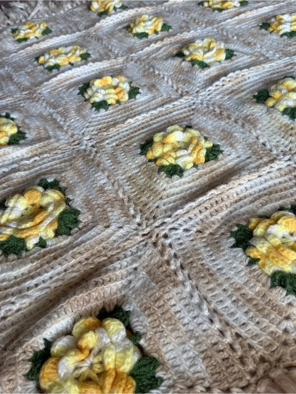 Cream & Yellow Floral Crochet Throw Blanket - Cozy Decorative Accent